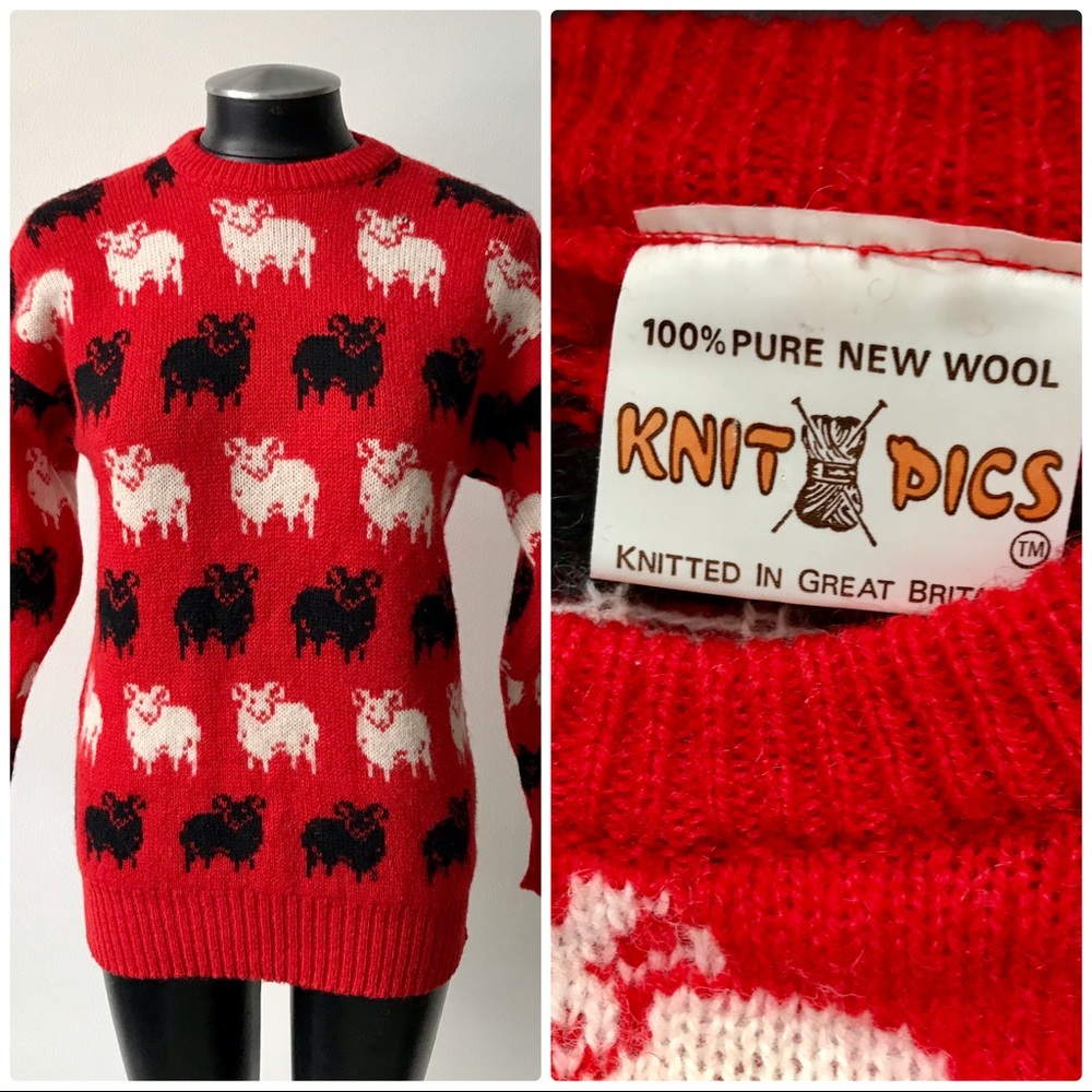 Vintage Womens Red Wool Black White Sheep Sweater